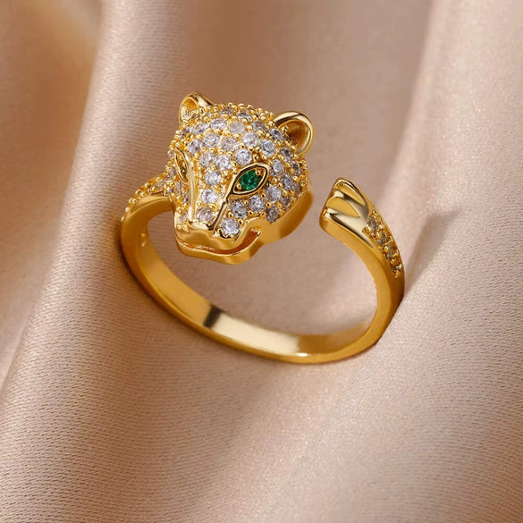 Copper Animal Leopard Head Open Ring Electroplated With Colorful Zircon Microinlay