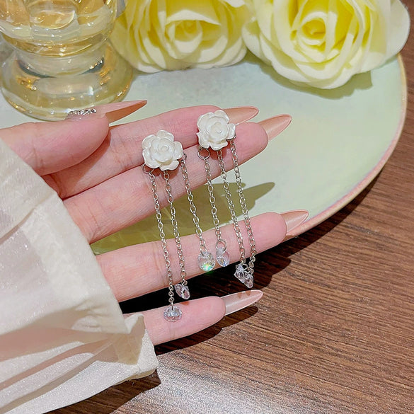 Copper Asymmetric Flower Tassel Earrings Inlaid Zircon Simple Fashion For Women