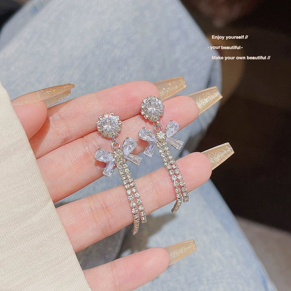 Copper Bow Earrings Inlaid Zircon Light Luxury Highend Elegant Niche Design