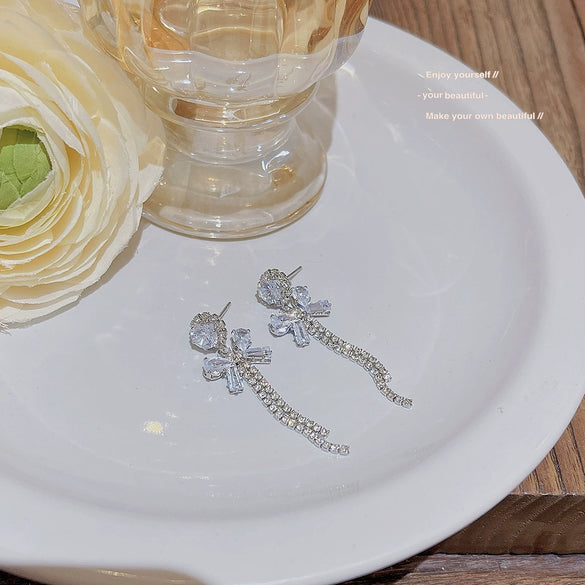 Copper Bow Earrings Inlaid Zircon Light Luxury Highend Elegant Niche Design