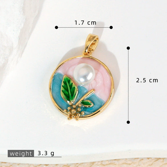 Copper Burned Blue Enamel Gold Plated Flower Leaf Dripping Oil Necklace Pendant