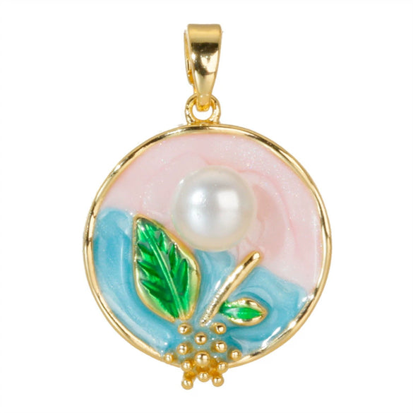 Copper Burned Blue Enamel Gold Plated Flower Leaf Dripping Oil Necklace Pendant