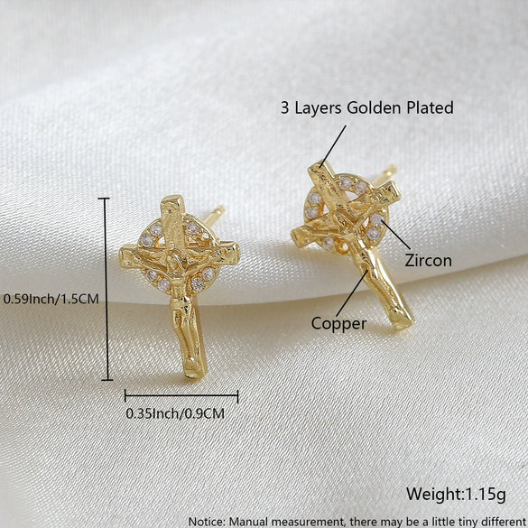 Copper Cross Earrings Microinlay Real Gold Electroplated Jewelry