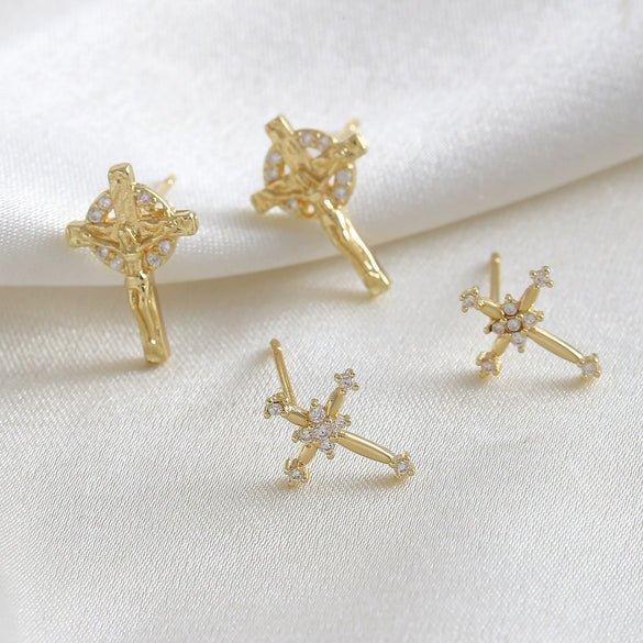 Copper Cross Earrings Microinlay Real Gold Electroplated Jewelry