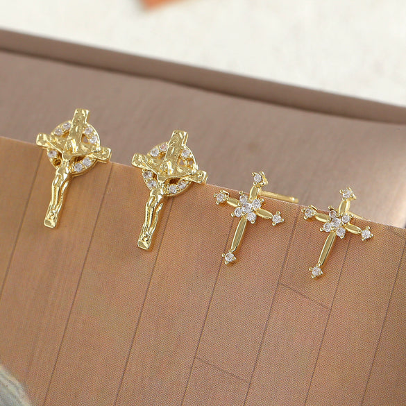 Copper Cross Earrings Microinlay Real Gold Electroplated Jewelry