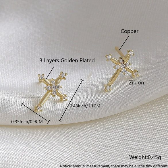 Copper Cross Earrings Microinlay Real Gold Electroplated Jewelry