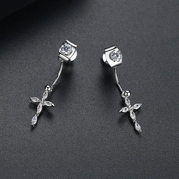 Copper Cross Earrings With Zircon Inlay Detachable Twoway Design Electroplated Geometric Fashion Jewelry For Women