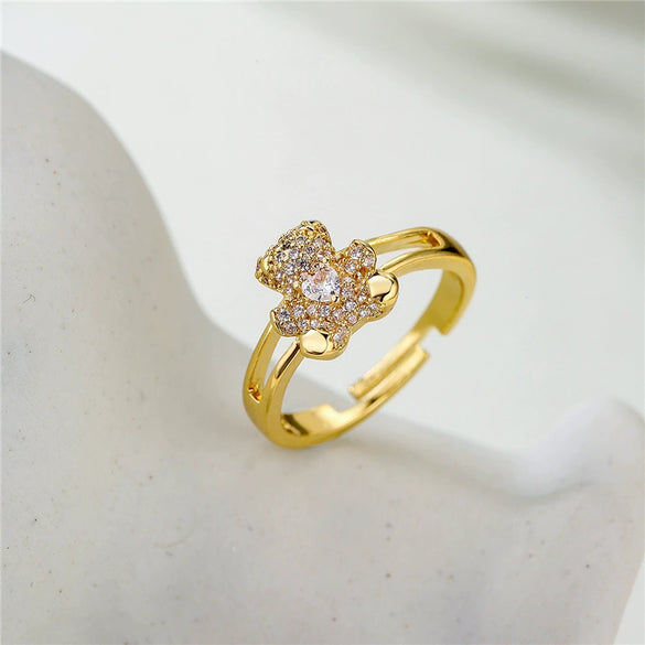 Copper Cute Bear Opening Design Adjustable Ring With 18K Gold Plated And Micro Set Zircon In Geometric Pattern