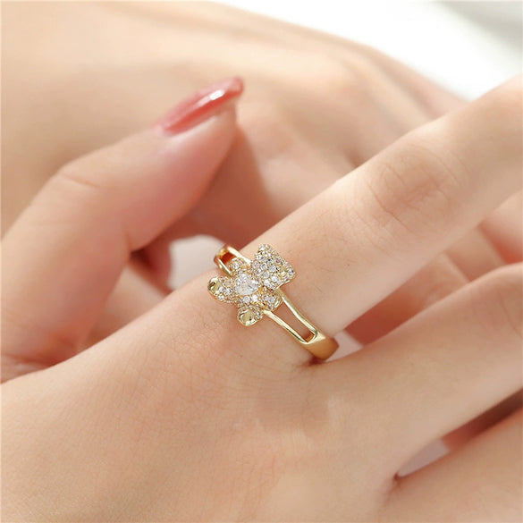 Copper Cute Bear Opening Design Adjustable Ring With 18K Gold Plated And Micro Set Zircon In Geometric Pattern