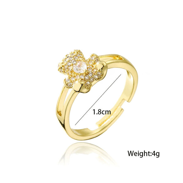 Copper Cute Bear Opening Design Adjustable Ring With 18K Gold Plated And Micro Set Zircon In Geometric Pattern