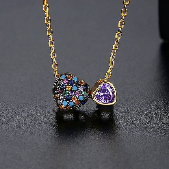 Copper Double Heart Pendant Necklace With Zircon Inlay Heart Design Clavicle Chain Jewelry