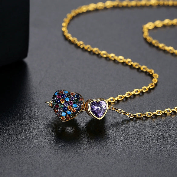 Copper Double Heart Pendant Necklace With Zircon Inlay Heart Design Clavicle Chain Jewelry