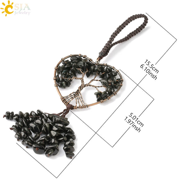Copper Electroplated Crystal And Colorful Stone Heart And Round Tree Of Life Pendant Hanging Accessory With Floral Ancient Style