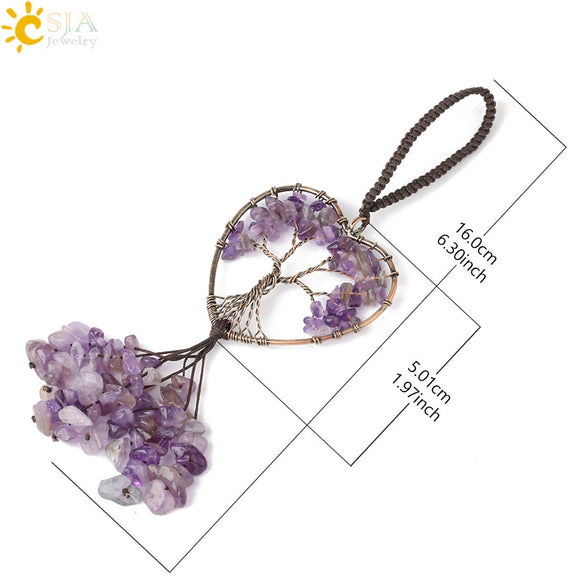 Copper Electroplated Crystal And Colorful Stone Heart And Round Tree Of Life Pendant Hanging Accessory With Floral Ancient Style