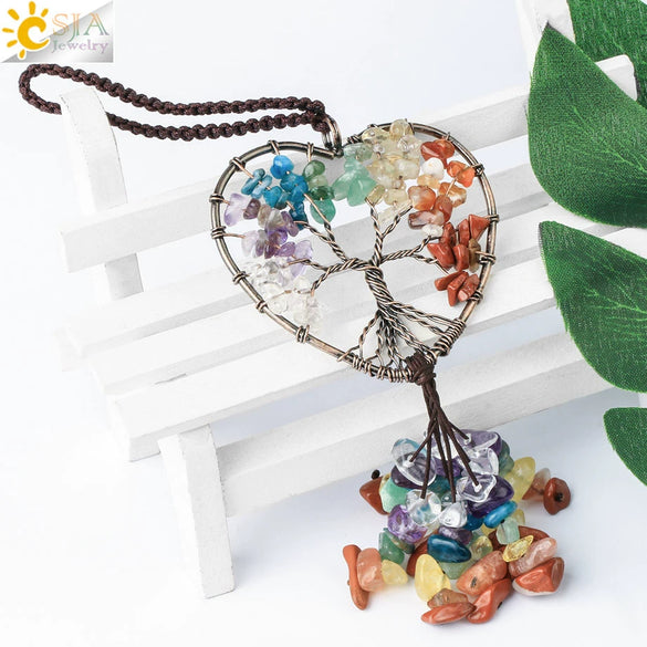 Copper Electroplated Crystal And Colorful Stone Heart And Round Tree Of Life Pendant Hanging Accessory With Floral Ancient Style
