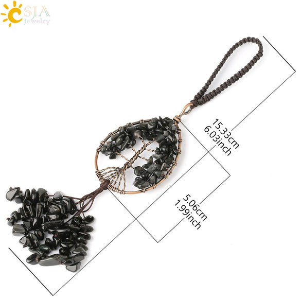 Copper Electroplated Crystal And Colorful Stone Heart And Round Tree Of Life Pendant Hanging Accessory With Floral Ancient Style