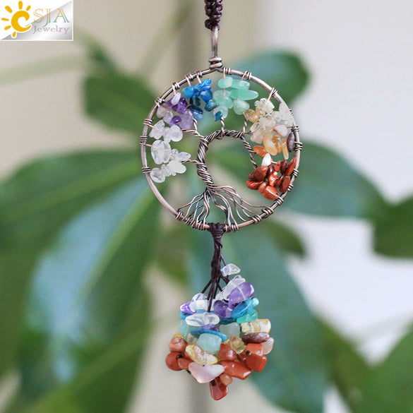 Copper Electroplated Crystal And Colorful Stone Heart And Round Tree Of Life Pendant Hanging Accessory With Floral Ancient Style