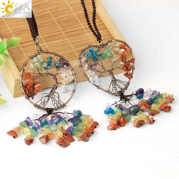 Copper Electroplated Crystal And Colorful Stone Heart And Round Tree Of Life Pendant Hanging Accessory With Floral Ancient Style