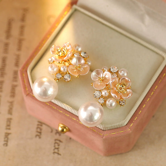 Copper Electroplated Geometric Flower Pearl Women's Earrings