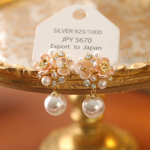 Copper Electroplated Geometric Flower Pearl Women's Earrings