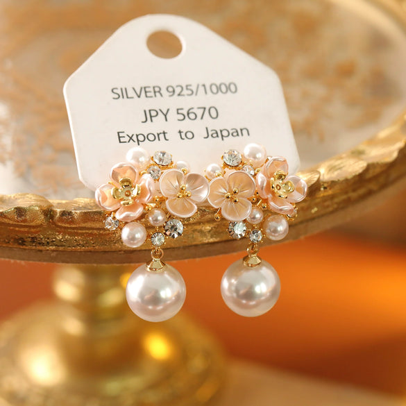 Copper Electroplated Geometric Flower Pearl Women's Earrings