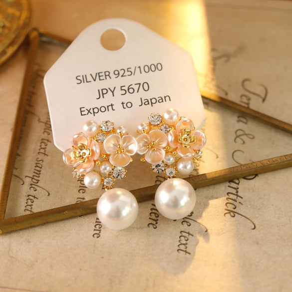 Copper Electroplated Geometric Flower Pearl Women's Earrings