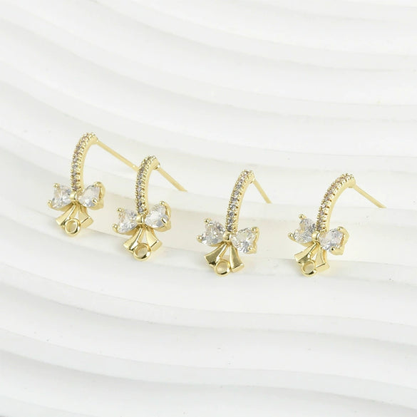 Copper Electroplated Inlaid Zircon Bow Pearl Earrings Accessories Hand Made