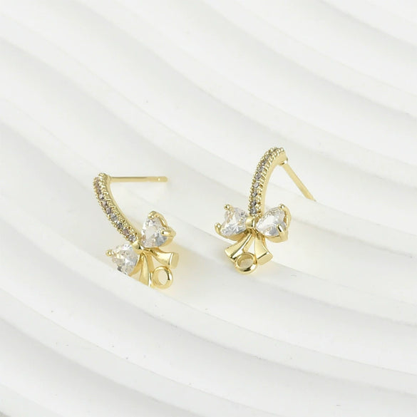 Copper Electroplated Inlaid Zircon Bow Pearl Earrings Accessories Hand Made