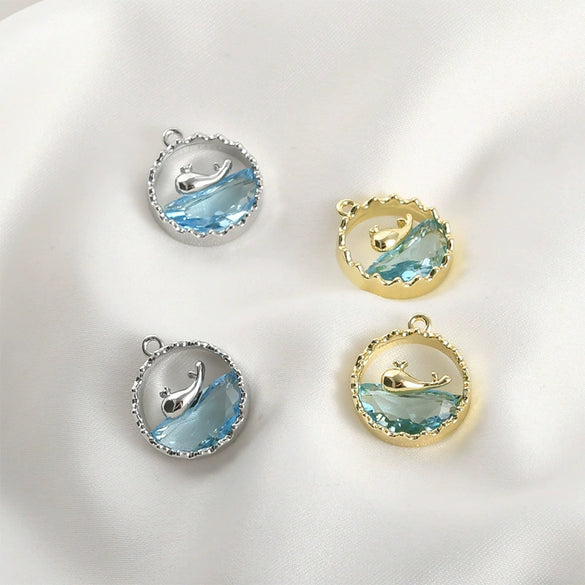 Copper Electroplated Ocean Whale Crystal Round Pendant Handmade Jewelry Accessories
