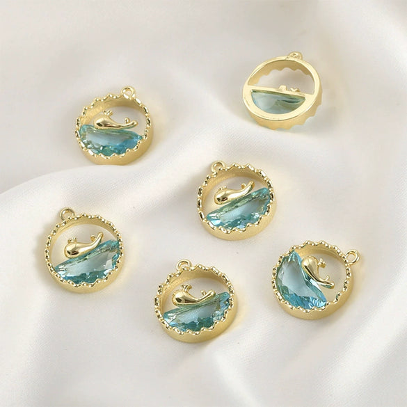 Copper Electroplated Ocean Whale Crystal Round Pendant Handmade Jewelry Accessories