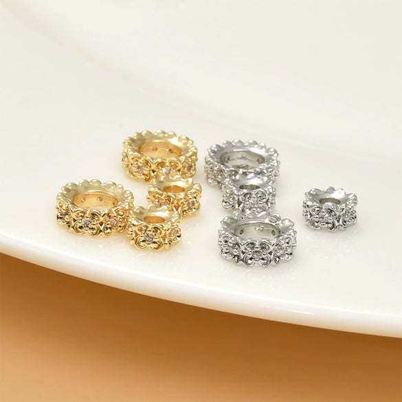 Copper Electroplated Real Gold Geometric Small Flower Zircon Large Hole Beads Jewelry Making Material For Bracelet Necklace Earring