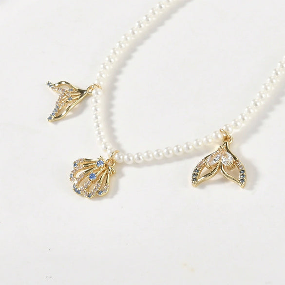 Copper Electroplated Sea Blue Zircon Fishtail Shell Pendant Jewelry Bracelet Necklace Earrings