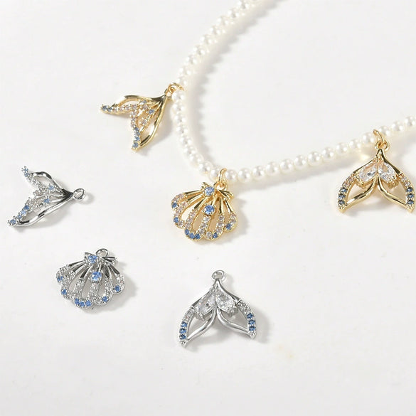Copper Electroplated Sea Blue Zircon Fishtail Shell Pendant Jewelry Bracelet Necklace Earrings