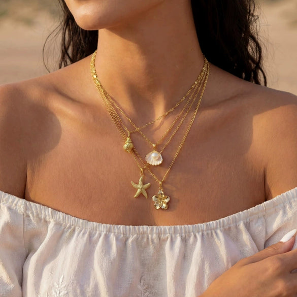 Copper Electroplated Starfish And Shell Pendant Necklace With Regular Chain Vacation Style Ocean Animal Clavicle Chain For Women