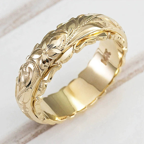 Copper Electroplated Suspended Carved Rose Flower Ring For Women