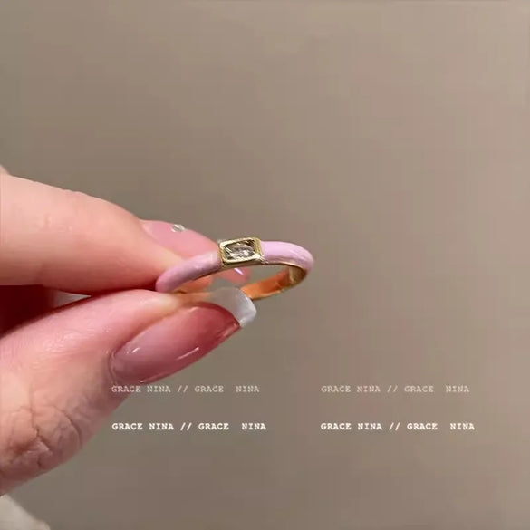 Copper Enamel Inlay Geometric Zircon Open Rings