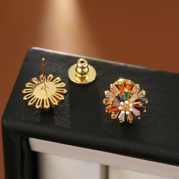 Copper Fashion Geometric And Flower Pattern Stud Earrings 18K Goldplated