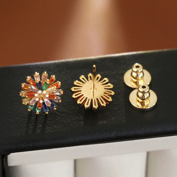 Copper Fashion Geometric And Flower Pattern Stud Earrings 18K Goldplated