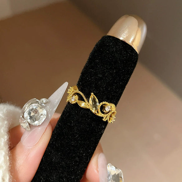 Copper Finger Ring With Geometric And Flower Pattern Electroplating For Women Light Luxury Style
