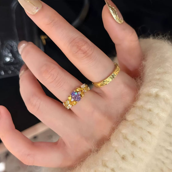 Copper Finger Ring With Geometric And Flower Pattern Electroplating For Women Light Luxury Style