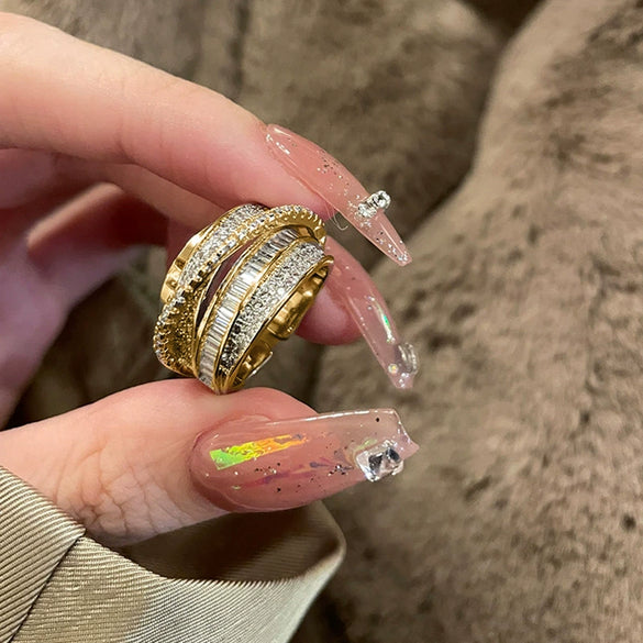 Copper Finger Ring With Geometric And Flower Pattern Electroplating For Women Light Luxury Style