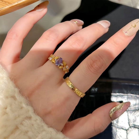 Copper Finger Ring With Geometric And Flower Pattern Electroplating For Women Light Luxury Style