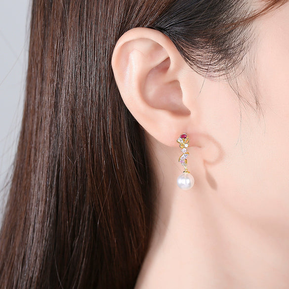 Copper Floral Zircon Earrings With Glass Pearl Accents Handmade Women's Fashion Jewelry
