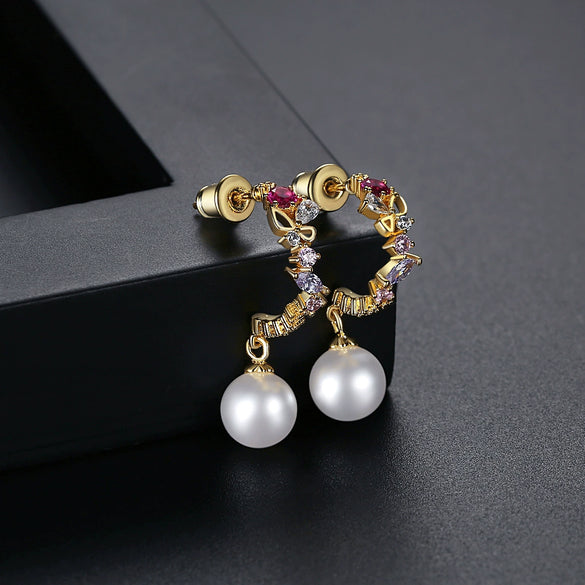 Copper Floral Zircon Earrings With Glass Pearl Accents Handmade Women's Fashion Jewelry