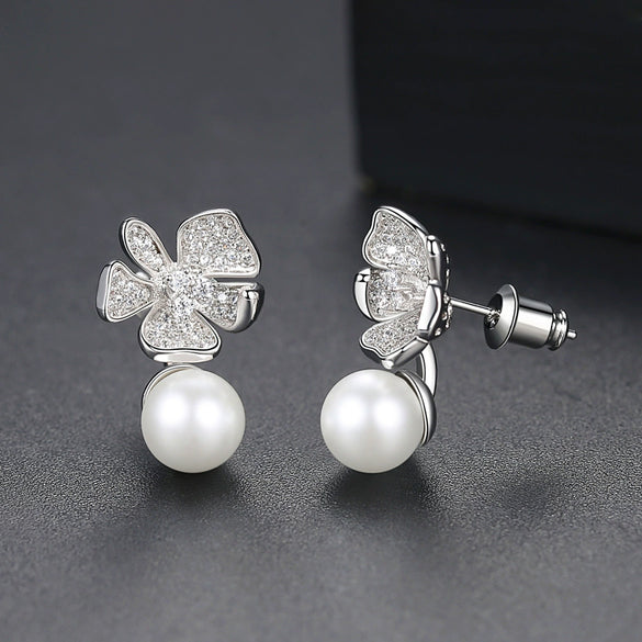 Copper Flower Earrings With Zircon And Crystal Pearl Simple Fashion Jewelry For Women