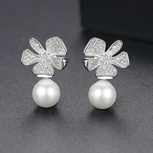 Copper Flower Earrings With Zircon And Crystal Pearl Simple Fashion Jewelry For Women