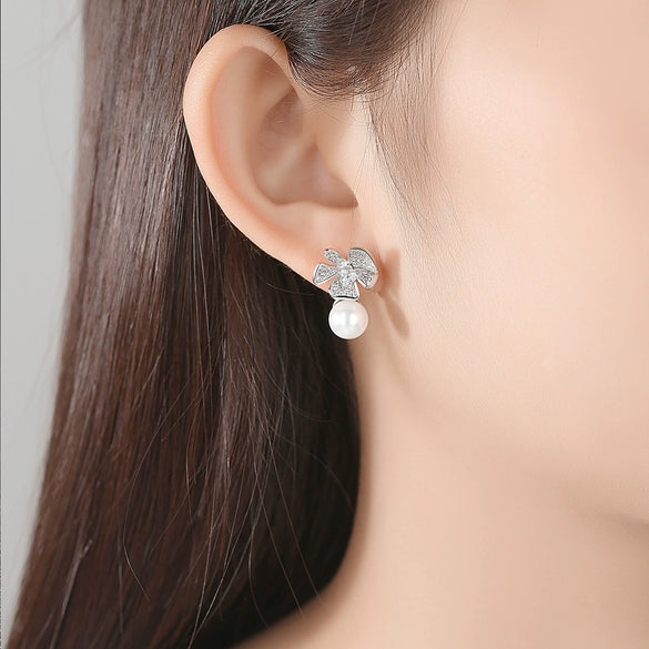 Copper Flower Earrings With Zircon And Crystal Pearl Simple Fashion Jewelry For Women