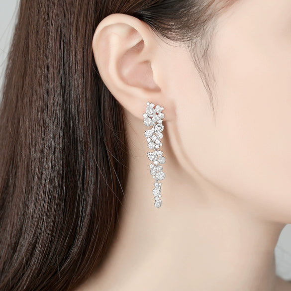 Copper Flower Long Drop Earrings With Microinlaid Zircon Accents Exquisite Bridal Jewelry Wholesale