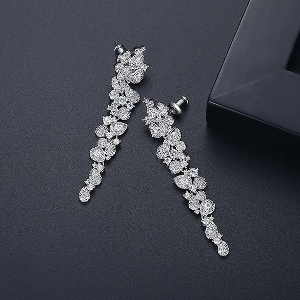 Copper Flower Long Drop Earrings With Microinlaid Zircon Accents Exquisite Bridal Jewelry Wholesale