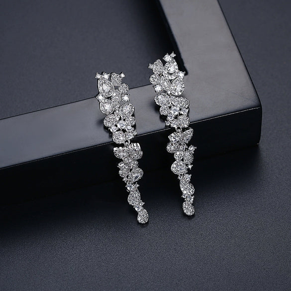 Copper Flower Long Drop Earrings With Microinlaid Zircon Accents Exquisite Bridal Jewelry Wholesale